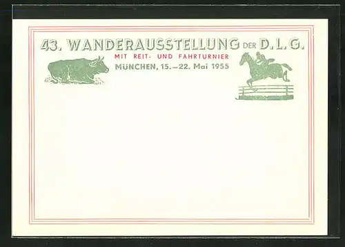 Künstler-AK München, 43. Wanderausstellung der D. L. G. mit Reit- und Fahrturnier 1955, Springreiter, Rind