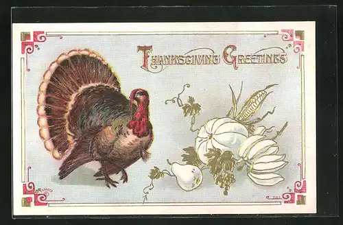 Präge-AK Truthahn steht neben Kürbis, Birne und Mais, Thanksgiving Greetings!