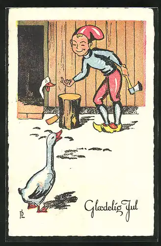 AK Zwerg mit der Axt lockt eine Ente auf den Holzbock, Glaedelig Jul