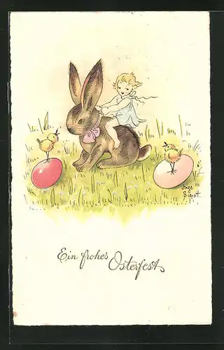 AK Mädchen reitet auf einem Osterhasen, Ein frohes Osterfest!