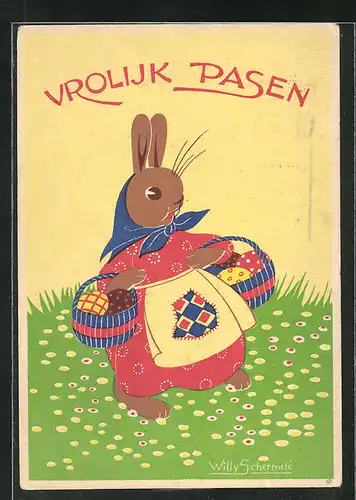 AK Vermenschlichter Osterhase verteilt die Ostereier auf der Wiese, Vrolijk Pasen!