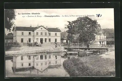 AK Champigneulles, La Gare, le Pont tournant et la Passerelle