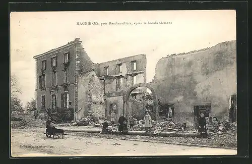 AK Magnières, Après le Bombardement, Kinder vor zerbombten Häusern