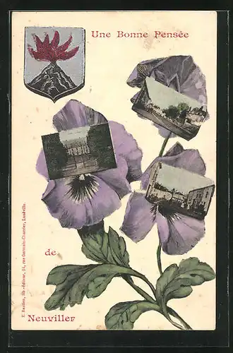 Passepartout-AK Neuviller, Une Bonne Pensée, Ortspartien in einer Blume und Wappen