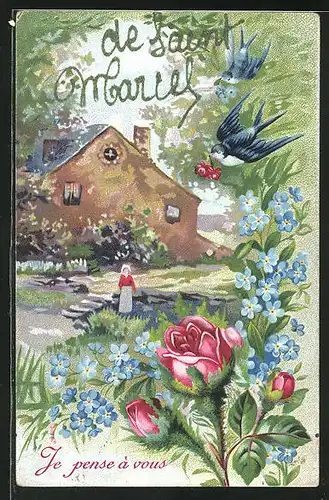 Künstler-AK Saint-Maries, Ortspartie mit Frau und Vögeln