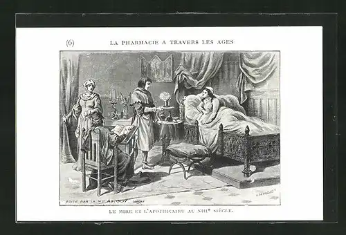 Künstler-AK La Pharmacie a travers les Ages: le Mire et l`Apothicaire au XIII Siecle