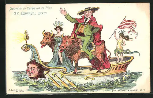 Lithographie Nice, S. M. Carneval XXXIII, Torero auf einem Boot, Fasching