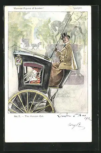 Künstler-AK London, The Hansom Cab, Frau in einer Kutsche