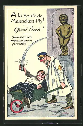 AK Bruxelles, Betrunkener Mann in einer Karre unter dem Manneken-Pis liegend