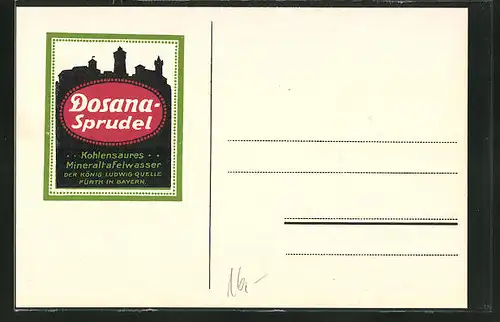 Künstler-AK Fürth in Bayern, Stadtsilhouette, Reklame für Dosana-Sprudel