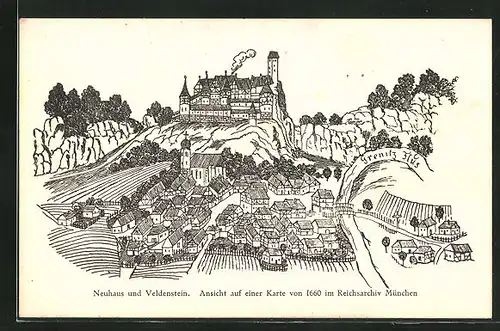 AK Neuhaus, Ortsansicht mit Burg Veldenstein, Ansicht von 1660