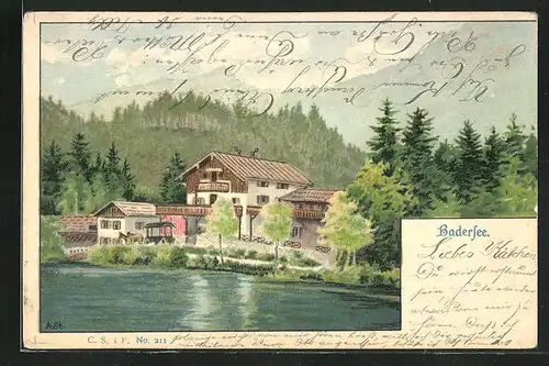 Lithographie Badersee, Häuser am Ufer