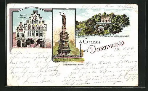 Lithographie Dortmund, Kriegerdenkmal 1870 /71, Rathaus