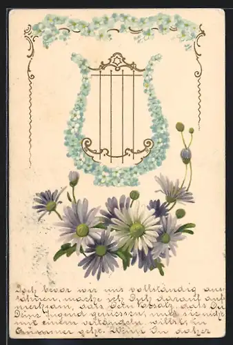 Lithographie Harfe aus Vergissmeinnicht, Blumenbild