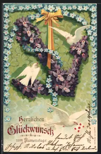 AK Anker als Blumenbild, weisse Tauben