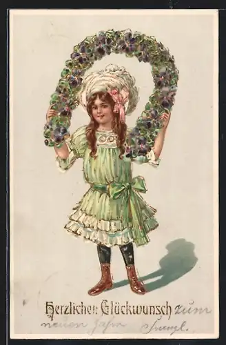 Künstler-AK Junge Dame mit Glückshufeisen als Blumenbild