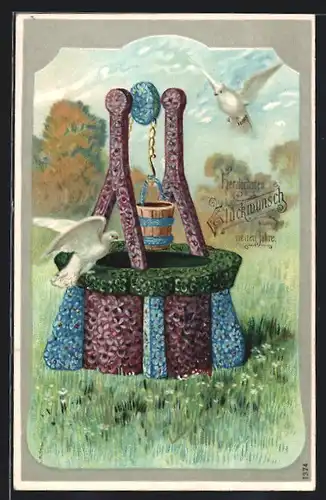 Künstler-AK Mit Blüten überzogener Brunnen und zwei weisse Tauben - Geburtstagsgruss