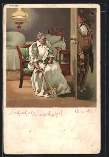 AK Frau wartet mit Teppichklopfer auf ihren spät heimkehrenden Mann