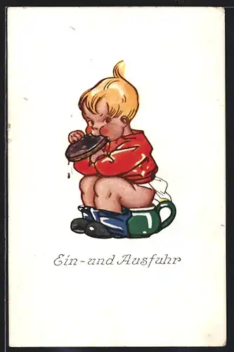 AK Junge isst und sitzt auf einen Topf