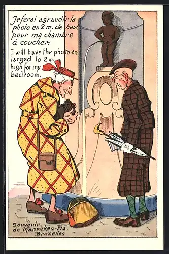 Künstler-AK Frau macht Photo von nacktem Springbrunnen-Männchen