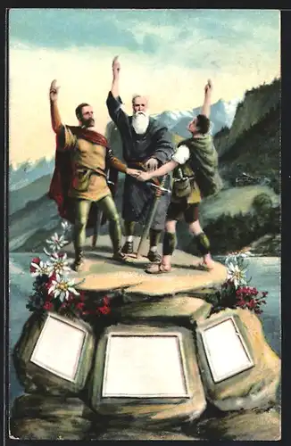 Künstler-AK Wilhelm Tell, Drei Ritter mit erhobener Hand