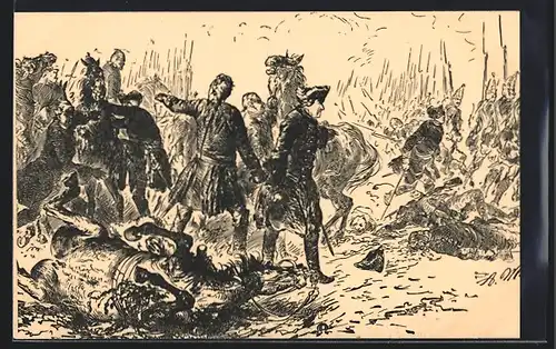 Künstler-AK Schlacht um Torgau 1760, König Friedrich II. (der Grosse) schickt die 1. Garde ins Gefecht