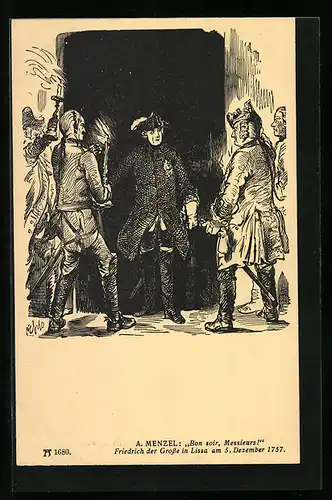 Künstler-AK Lissa, König Friedrich II. (der Grosse) mit österr. Offizieren 1757