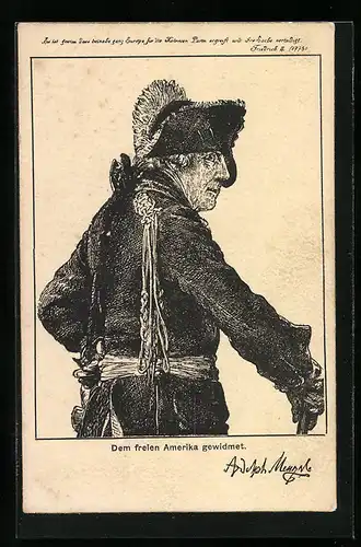 Künstler-AK Dem freien Amerika gewidmet, König Friedrich II. (der Grosse) im fortgeschrittenen Alter