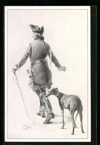 Künstler-AK König Friedrich II. (der Grosse) mit Hund