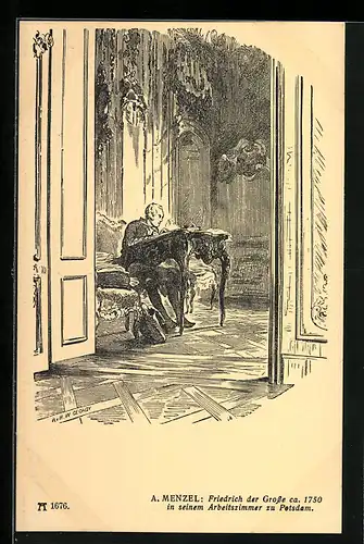 Künstler-AK König Friedrich II. (der Grosse) ca. 1750 in seinem Arbeitszimmer zu Potsdam