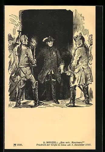 Künstler-AK Lissa, König Friedrich II. (der Grosse) mit österr. Offizieren 1757