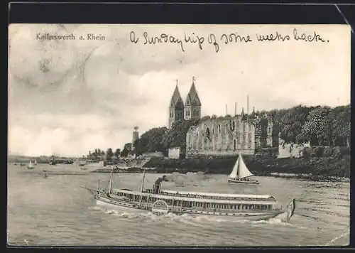 AK Kaiserswerth a. Rhein, Rheindampfer und Blick auf die Kirchtürme