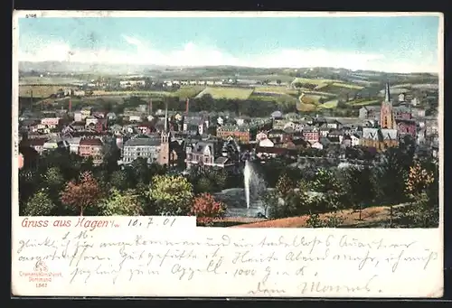 AK Hagen i. W., Ortsansicht mit Springbrunnen