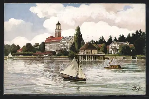 Künstler-AK Bad Schachen am Bodensee, Segelboote auf dem Wasser