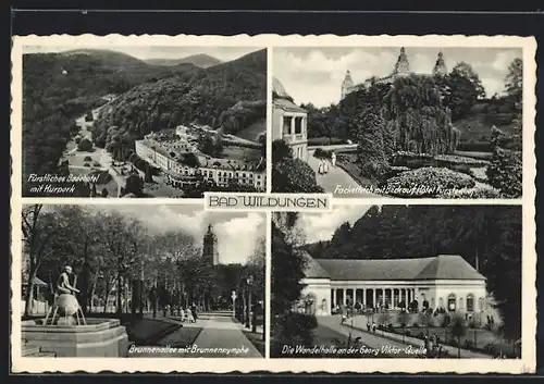 AK Bad Wildungen, Fürstliches Badehotel mit Kurpark, Brunnenallee mit Brunnennymphe