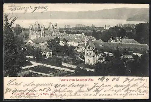 AK Maria-Laach, Ortsansicht mit Laacher See aus der Vogelschau