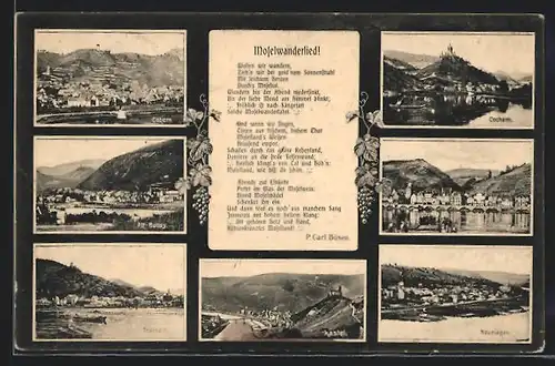 AK Cochem, Ortsansicht Cochem, Bernkastel und weiterer Orte an der Mosel, Moselwanderlied