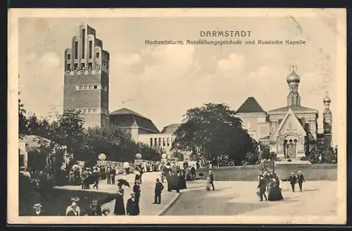 AK Darmstadt, Hochzeitsturm, Ausstellungsgebäude & russische Kapelle