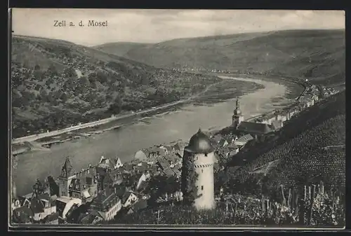 AK Zell a. d. Mosel, Ortsansicht mit Mosel aus der Vogelschau