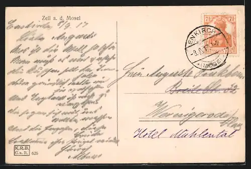 AK Zell a. d. Mosel, Ortsansicht mit Mosel aus der Vogelschau