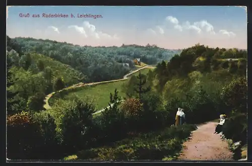 AK Roderbirken, Frauen auf dem Wanderweg mit Blick ins Tal