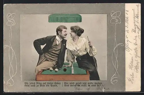 AK Pärchen sitzen auf Billardtisch