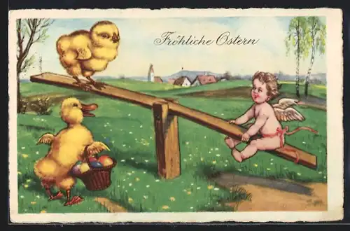 Künstler-AK Friedrich Kaskeline: Amor mit Osterküken auf einer Wippe, Ostergruss