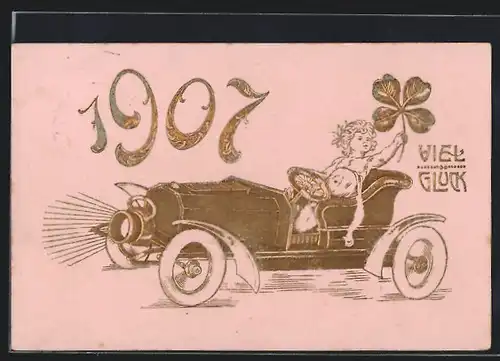 Künstler-AK Mensch mit Glücksklee fährt auf das Jahr 1907 zu