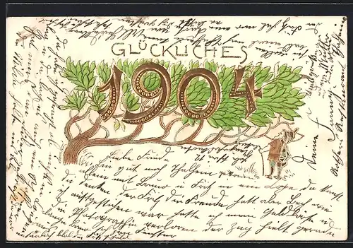 AK Glückliches 1904, Zwerg vor Strauch mit Jahreszahl, Karte m. Golddruck