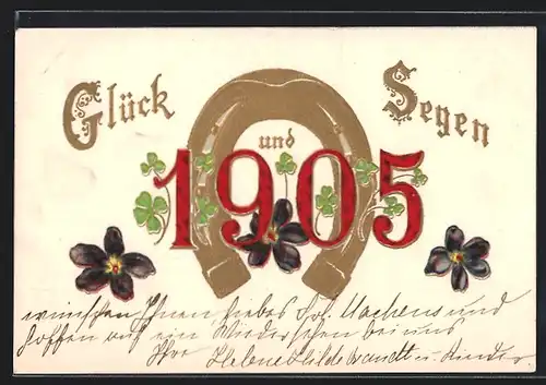Lithographie Hufeisen bringt Glück für 1905