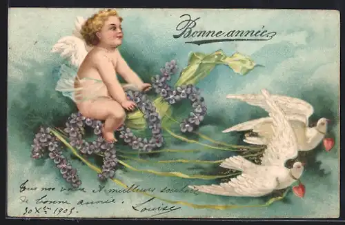 AK Englein auf Jahreszahl mit Taubengespann, Neujahrsgruss 1906