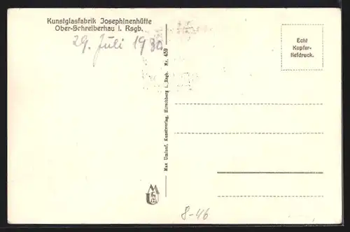 AK Ober-Schreiberhau i. Rsgb., Kunstlasfabrik Josephinenhütte, Gegr. 1842, Innenansicht