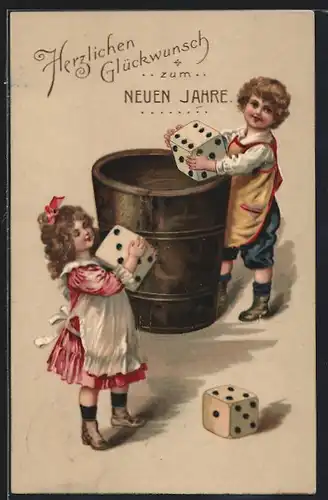 AK Junge u. Mädchen mit einem Würfelbecher, Neujahrsgruss