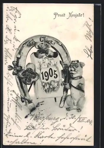 AK Jahreszahl 1905, Hund mit Weinflasche, Hufeisen
